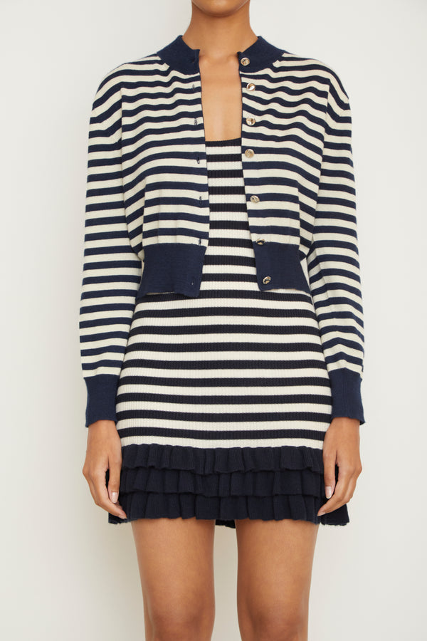 The Sutter Cashmere Mini Dress in Navy and White Stripe