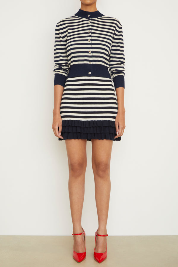 The Aubrey Cashmere Cardigan in Navy and Ivory Stripe