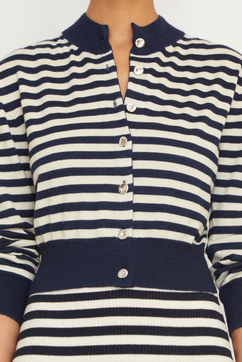 The Aubrey Cashmere Cardigan in Navy and Ivory Stripe