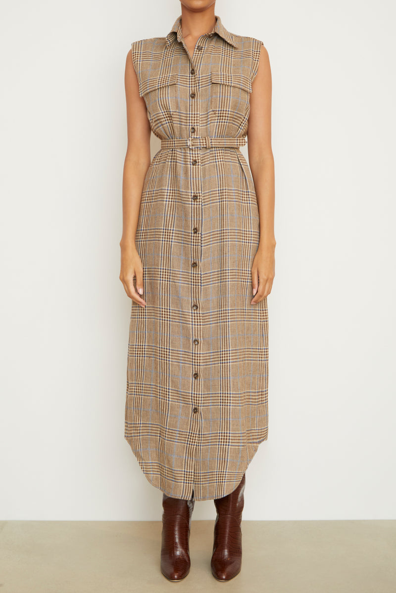 The Lilian Sleeveless Shirtdress in Brown Plaid