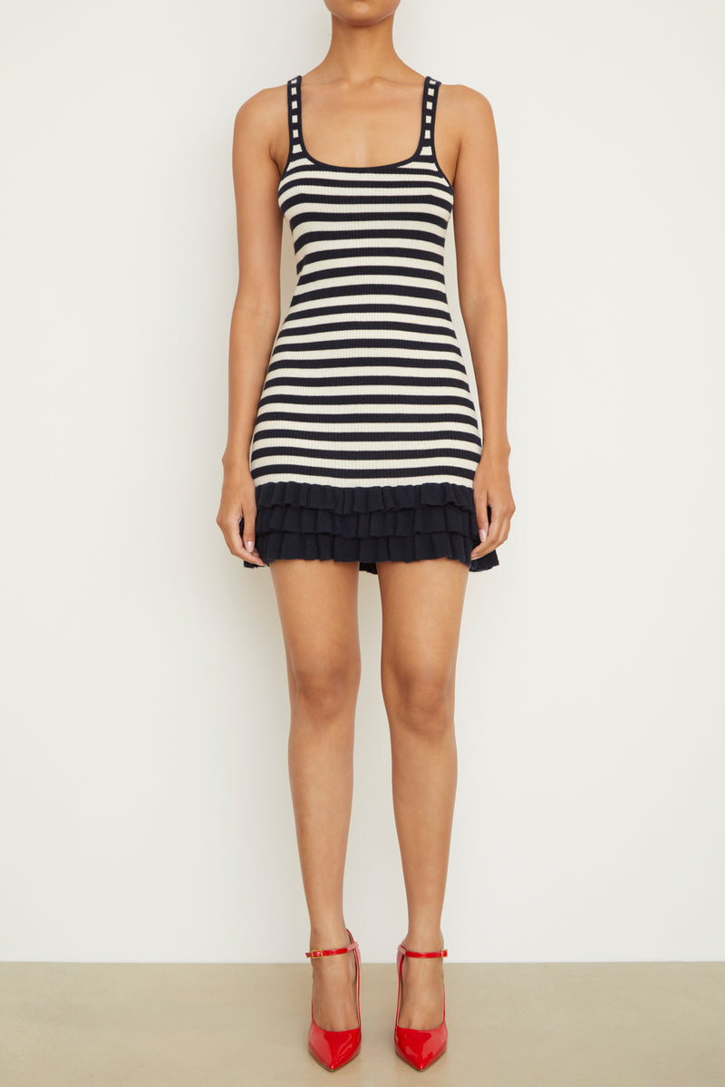 The Sutter Cashmere Mini Dress in Navy and White Stripe