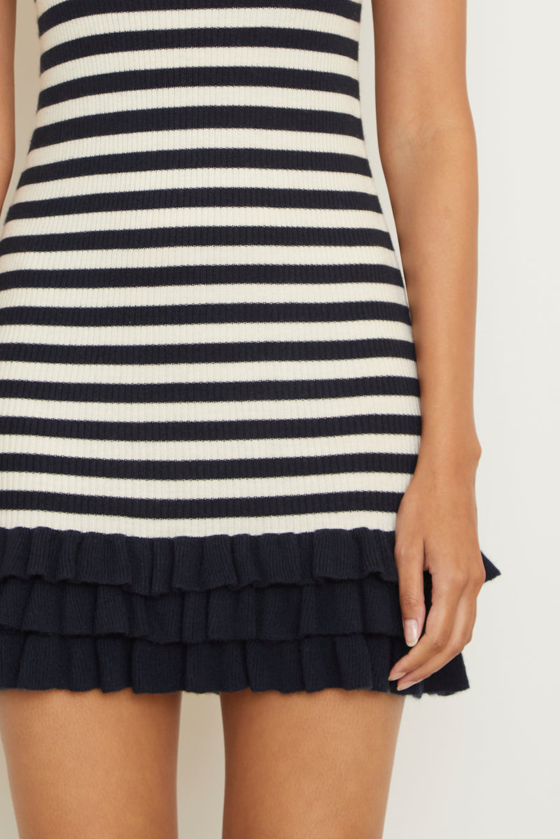 The Sutter Cashmere Mini Dress in Navy and White Stripe