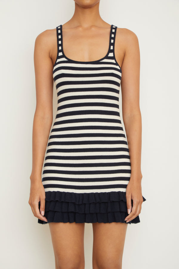 The Sutter Cashmere Mini Dress in Navy and White Stripe